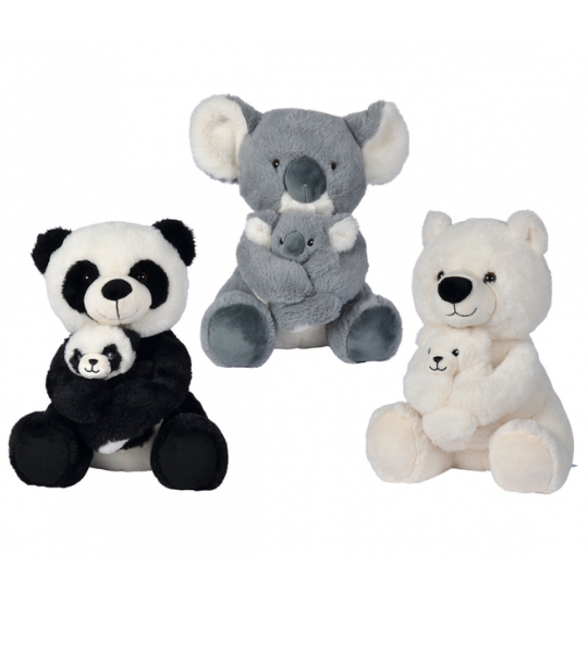 PELUCHE PANDA, KOALA OU OURS POLAIRE AVEC BÉBÉ, ASSIS 28CM – SIMBA